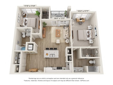 Floor plan for 2 beds, 2 baths, 1137 sqft